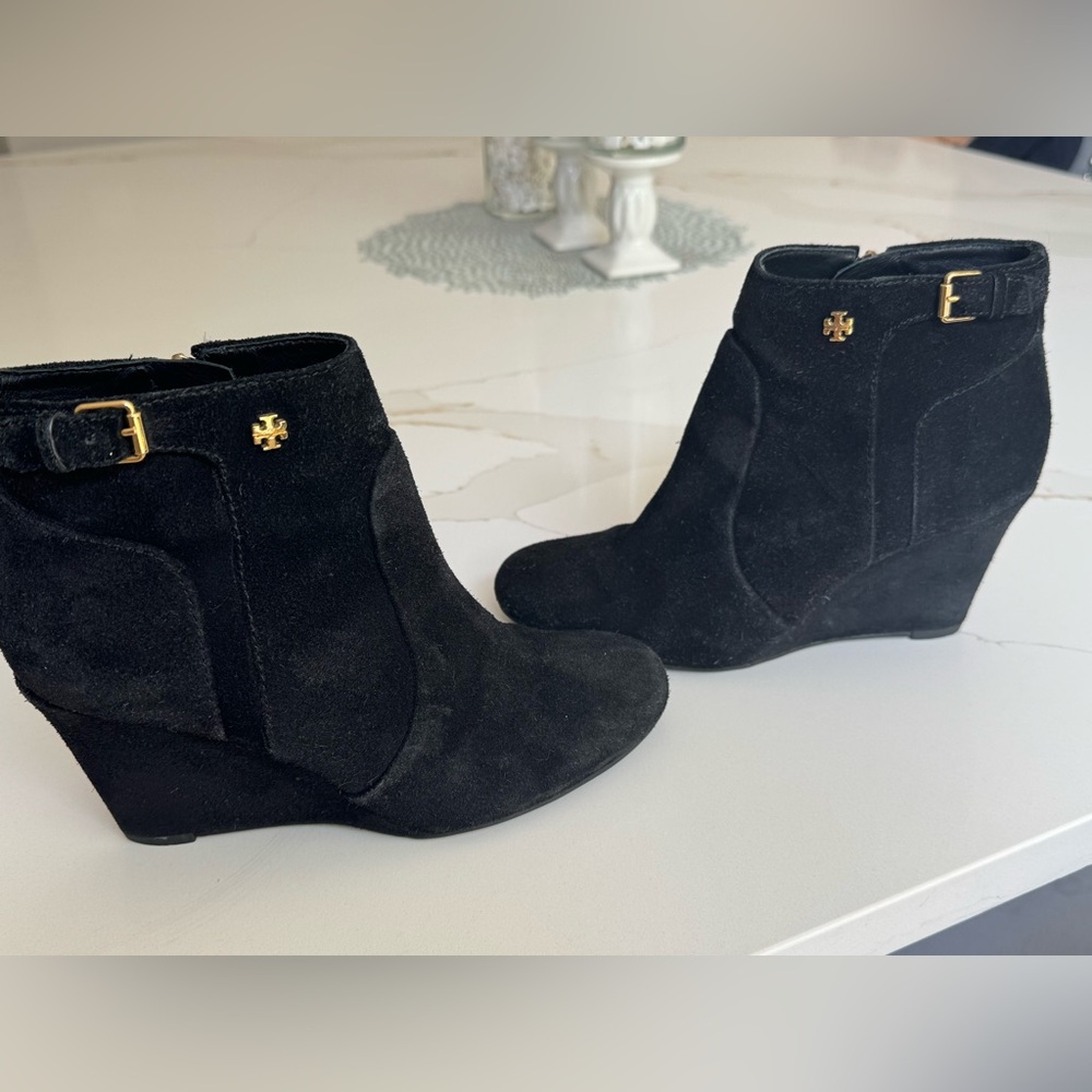 Tory Burch Black Suede Wedge Booties with Gold Logo